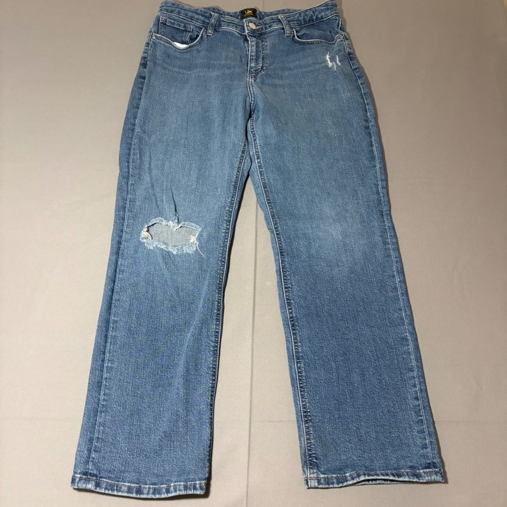 Lee Straight Leg Jeans Womens 14M Blue Distressed Ripped Denim